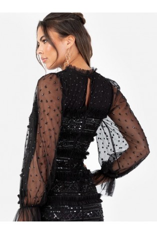 La Qayara Black Textured Sequin Embellished Georgette Midaxi Dress with Soft Net Sleeves