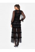 La Qayara Black Textured Sequin Embellished Georgette Midaxi Dress with Soft Net Sleeves