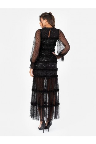 La Qayara Black Textured Sequin Embellished Georgette Midaxi Dress with Soft Net Sleeves