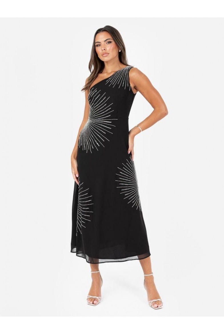La Qayara Black One-Shoulder Radiating Sequin Embellished Georgette Midaxi Dress