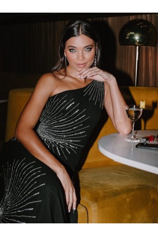 La Qayara Black One-Shoulder Radiating Sequin Embellished Georgette Midaxi Dress