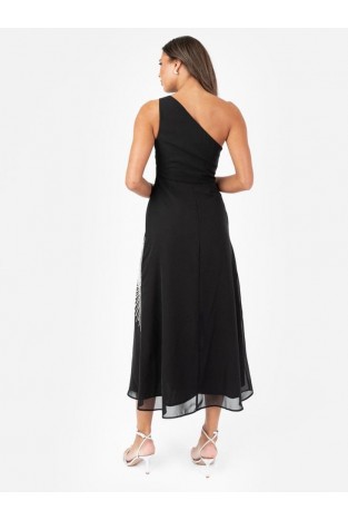 La Qayara Black One-Shoulder Radiating Sequin Embellished Georgette Midaxi Dress