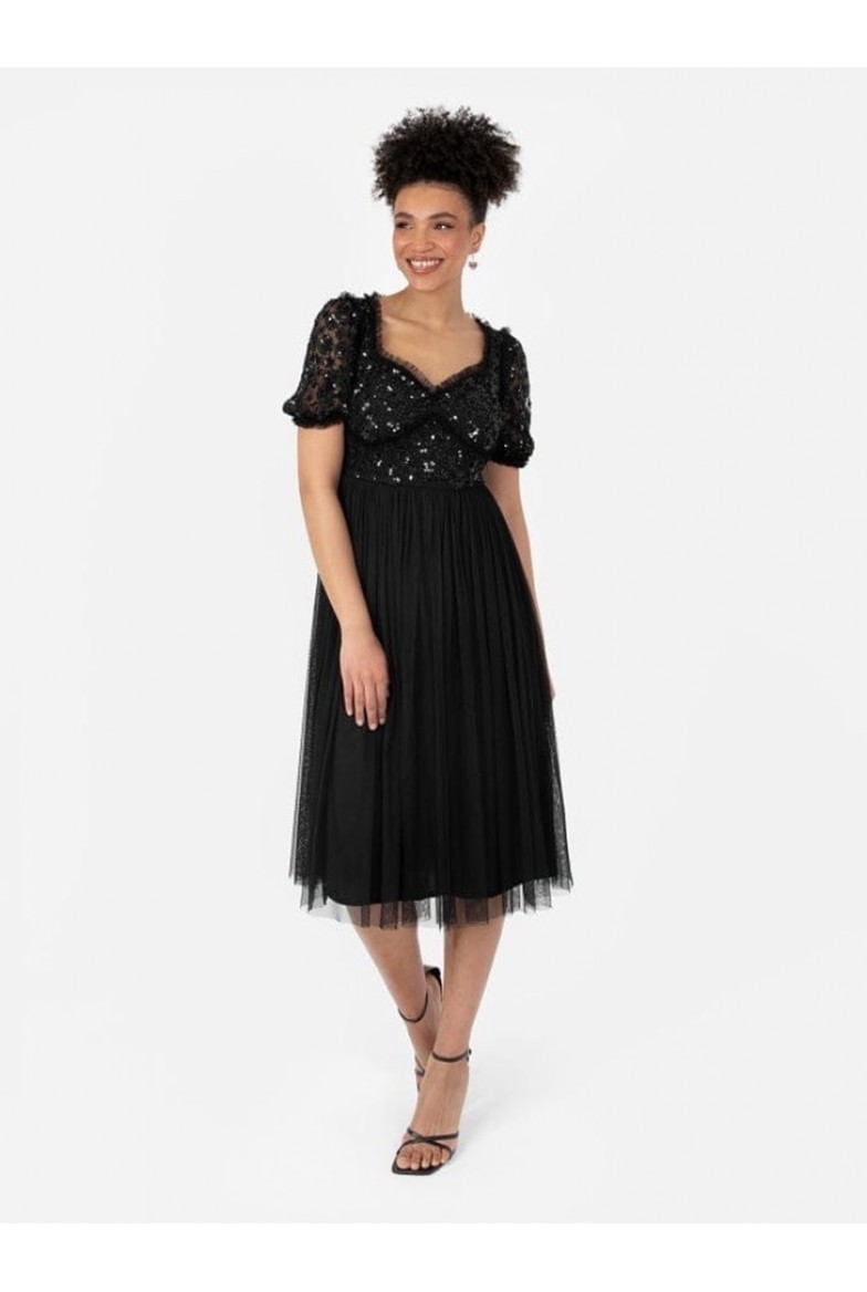 La Qayara Black Sequin Floral Embroidered Georgette Midi Dress with Soft Net Puff Sleeves