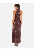 La Qayara Linear Brown Sequin Embellished Halter Neck Georgette Maxi Dress