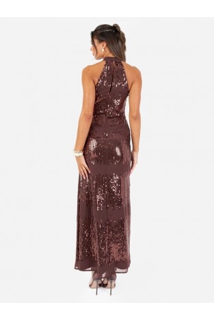 La Qayara Linear Brown Sequin Embellished Halter Neck Georgette Maxi Dress