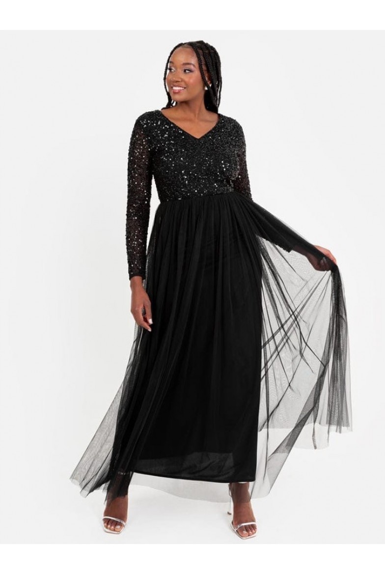 La Qayara Black Sequin Embellished V-Neck Georgette Maxi Dress with Soft Net Skirt