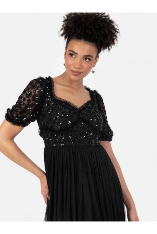 La Qayara Black Sequin Floral Embroidered Georgette Midi Dress with Soft Net Puff Sleeves