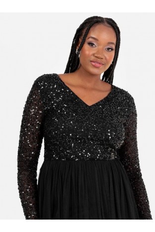 La Qayara Black Sequin Embellished V-Neck Georgette Maxi Dress with Soft Net Skirt