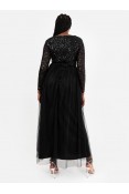 La Qayara Black Sequin Embellished V-Neck Georgette Maxi Dress with Soft Net Skirt