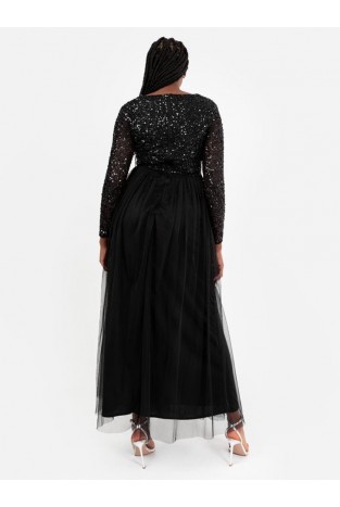 La Qayara Black Sequin Embellished V-Neck Georgette Maxi Dress with Soft Net Skirt