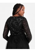 La Qayara Black Sequin Embellished V-Neck Georgette Maxi Dress with Soft Net Skirt