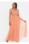 La Qayara Dusty Peach Sequin Embellished V-Neck Georgette Maxi Dress with Soft Net Skirt