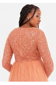 La Qayara Dusty Peach Sequin Embellished V-Neck Georgette Maxi Dress with Soft Net Skirt