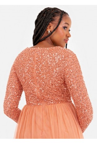 La Qayara Dusty Peach Sequin Embellished V-Neck Georgette Maxi Dress with Soft Net Skirt