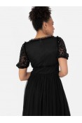 La Qayara Black Sequin Floral Embroidered Georgette Midi Dress with Soft Net Puff Sleeves