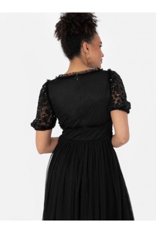La Qayara Black Sequin Floral Embroidered Georgette Midi Dress with Soft Net Puff Sleeves