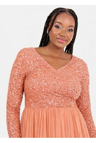 La Qayara Dusty Peach Sequin Embellished V-Neck Georgette Maxi Dress with Soft Net Skirt