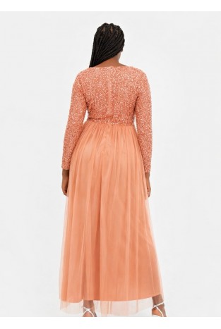 La Qayara Dusty Peach Sequin Embellished V-Neck Georgette Maxi Dress with Soft Net Skirt