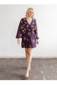La Qayara Berry Gold Embroidered Georgette Mini Dress with Soft Net Overlay