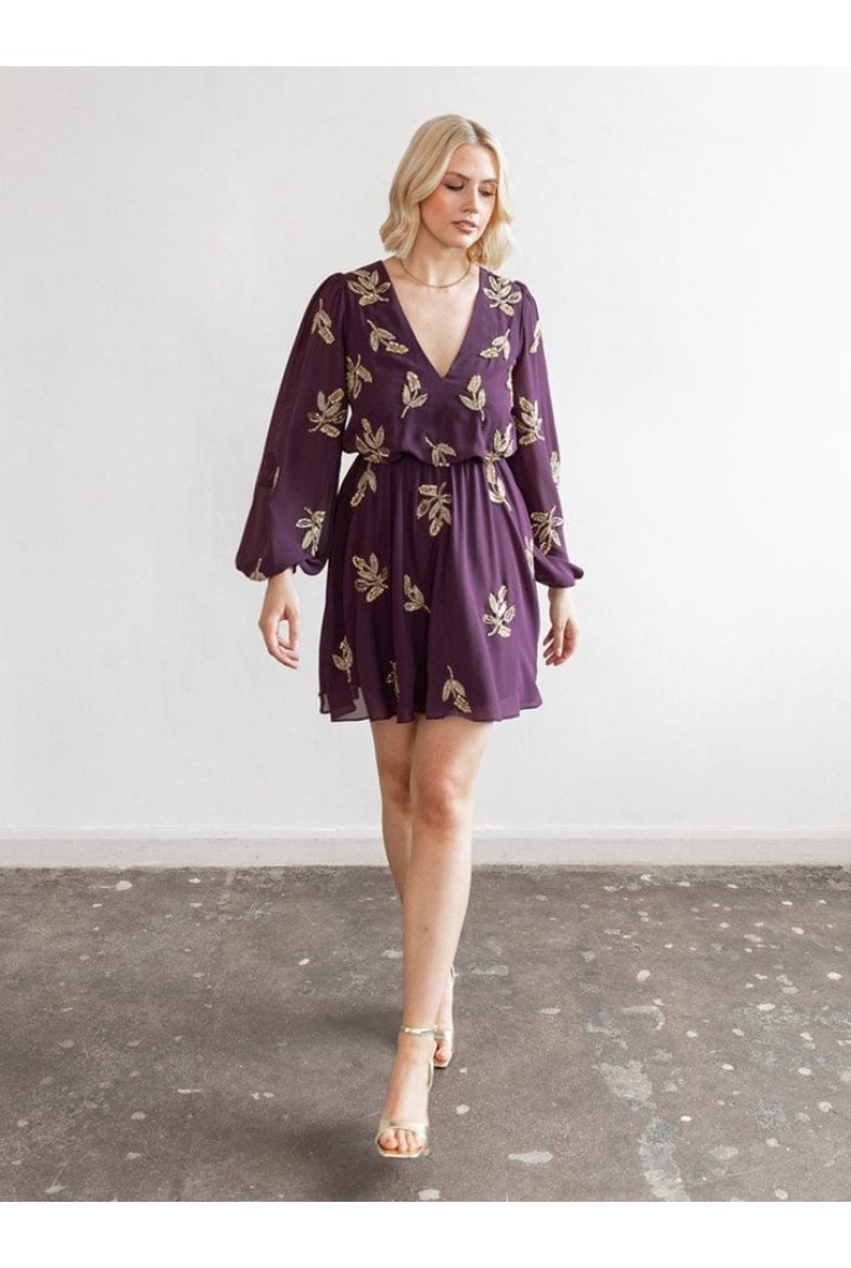 La Qayara Berry Gold Embroidered Georgette Mini Dress with Soft Net Overlay