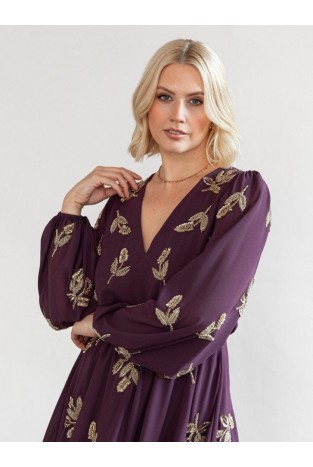 La Qayara Berry Gold Embroidered Georgette Mini Dress with Soft Net Overlay