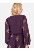 La Qayara Berry Gold Embroidered Georgette Mini Dress with Soft Net Overlay