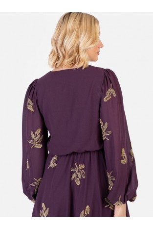 La Qayara Berry Gold Embroidered Georgette Mini Dress with Soft Net Overlay