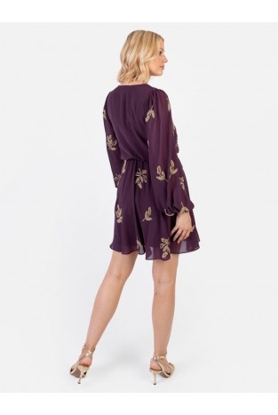 La Qayara Berry Gold Embroidered Georgette Mini Dress with Soft Net Overlay