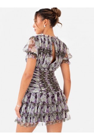La Qayara Muted Lavender Embroidered Georgette Mini Dress with Soft Net Ruffles