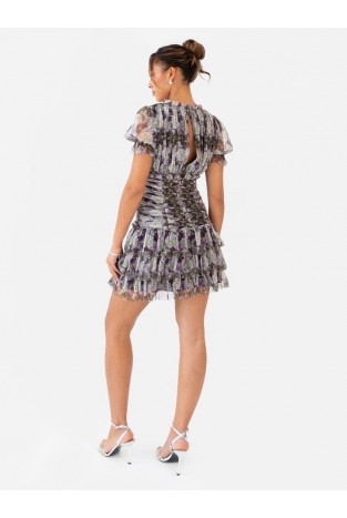 La Qayara Muted Lavender Embroidered Georgette Mini Dress with Soft Net Ruffles