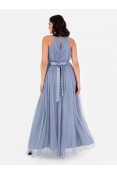 La Qayara Slate Blue Pleated Georgette Maxi Dress with Soft Net Overlay & Keyhole Detail