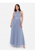 La Qayara Slate Blue Pleated Georgette Maxi Dress with Soft Net Overlay & Keyhole Detail
