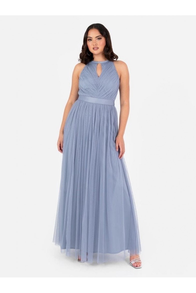 La Qayara Slate Blue Pleated Georgette Maxi Dress with Soft Net Overlay & Keyhole Detail