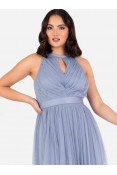 La Qayara Slate Blue Pleated Georgette Maxi Dress with Soft Net Overlay & Keyhole Detail