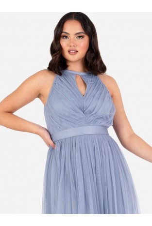 La Qayara Slate Blue Pleated Georgette Maxi Dress with Soft Net Overlay & Keyhole Detail