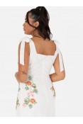 La Qayara Creamish White Floral Sequin & Bead Embroidered Georgette Midi Dress with Shoulder Tie Straps