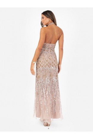 La Qayara Taupe Blush Embellished Georgette Maxi Gown with Halter Neck & Soft Net Sequin Work