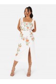 La Qayara Creamish White Floral Sequin & Bead Embroidered Georgette Midi Dress with Shoulder Tie Straps