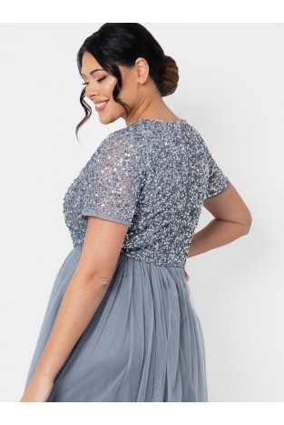 La Qayara Dusty Blue Sequin Embellished Georgette Midi Dress with Soft Net Flared Skirt