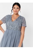 La Qayara Dusty Blue Sequin Embellished Georgette Midi Dress with Soft Net Flared Skirt