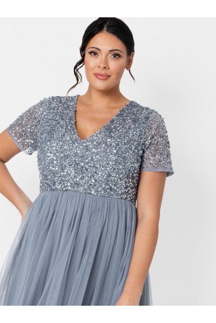 La Qayara Dusty Blue Sequin Embellished Georgette Midi Dress with Soft Net Flared Skirt