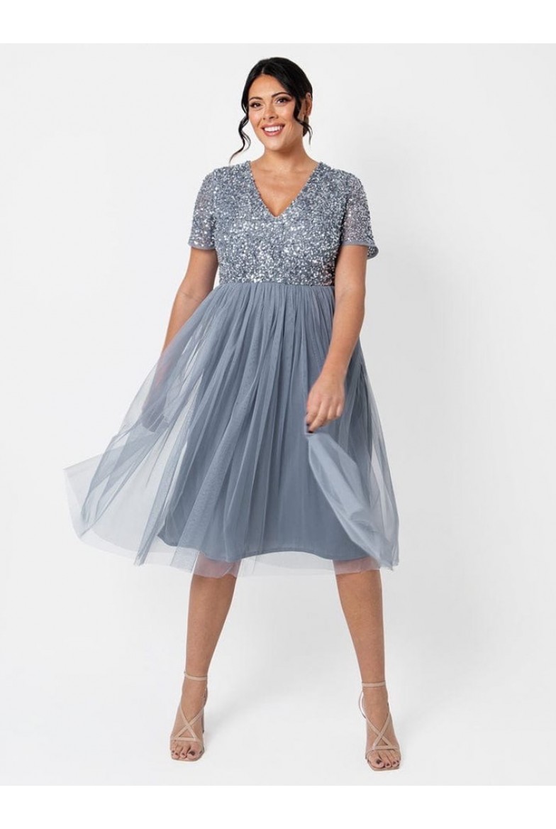 La Qayara Dusty Blue Sequin Embellished Georgette Midi Dress with Soft Net Flared Skirt