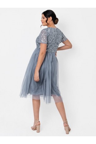 La Qayara Dusty Blue Sequin Embellished Georgette Midi Dress with Soft Net Flared Skirt