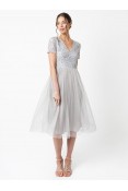 La Qayara Soft Grey Sequin Embellished Georgette Midi Dress with Soft Net Flared Skirt
