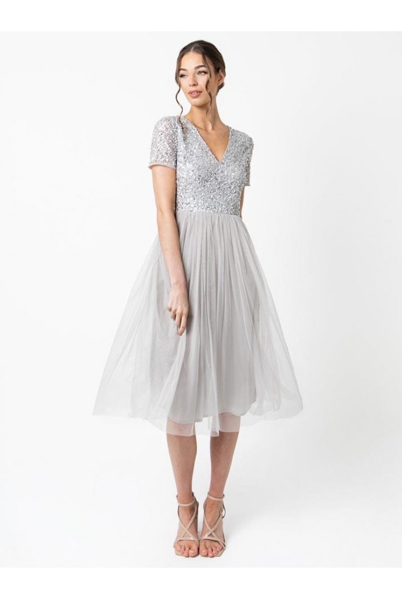 La Qayara Soft Grey Sequin Embellished Georgette Midi Dress with Soft Net Flared Skirt