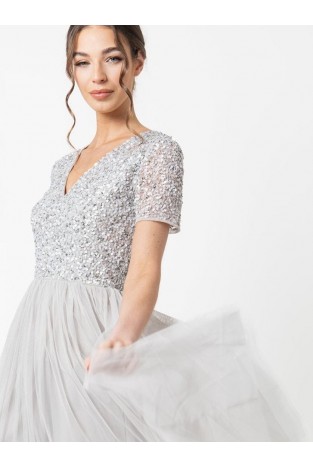 La Qayara Soft Grey Sequin Embellished Georgette Midi Dress with Soft Net Flared Skirt