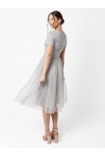 La Qayara Soft Grey Sequin Embellished Georgette Midi Dress with Soft Net Flared Skirt