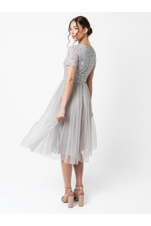 La Qayara Soft Grey Sequin Embellished Georgette Midi Dress with Soft Net Flared Skirt