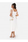 La Qayara Creamish White Floral Sequin & Bead Embroidered Georgette Midi Dress with Shoulder Tie Straps