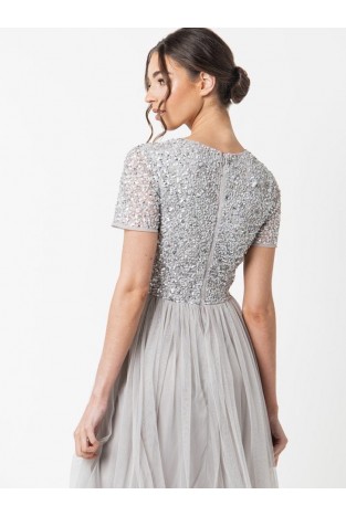 La Qayara Soft Grey Sequin Embellished Georgette Midi Dress with Soft Net Flared Skirt